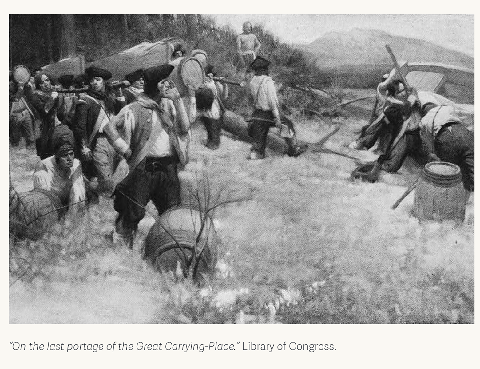 Fink, Denman, , Artist. On the last portage of the Great Carrying-Place / drawn by Denman Fink ; half-tone plate engraved by H. Davidson. Maine United States, 1903. [Published] Photograph.